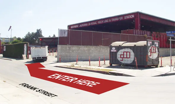 The entrance to the SCD Recycling & Transfer Station on Frank Street, with an arrow marking where to enter
